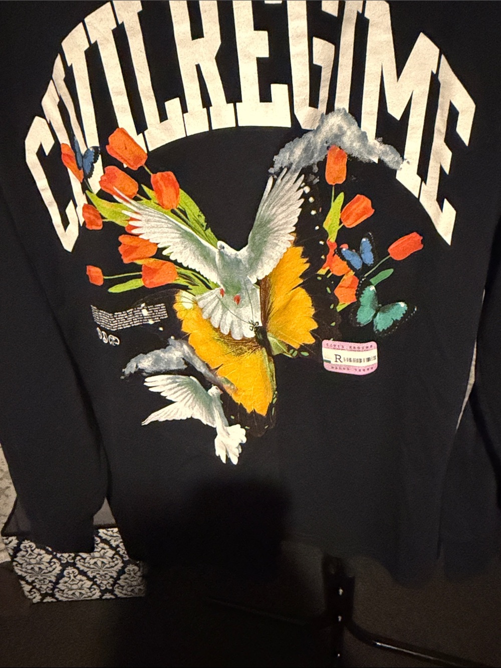 Civil Regime Doves Butterfly Floral Black Long Sleeve Graphic Tee Large⁠ - Picture 4 of 5